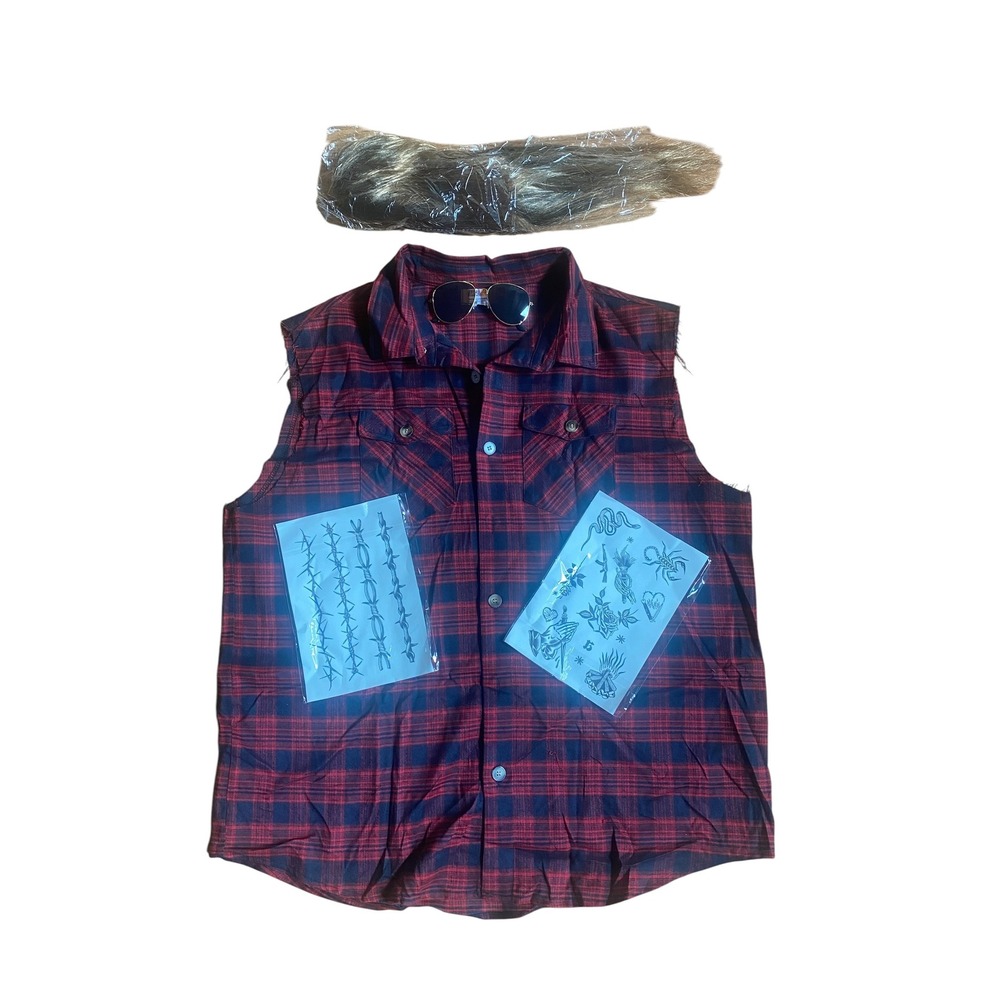 80's Men's Costume Set- Plaid Vest Mullet Wig Sunglasses Temp. Tattoos NEW-XXL